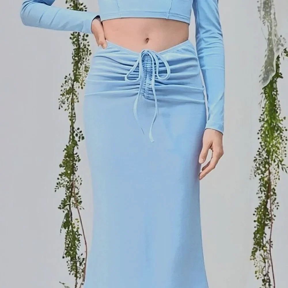 Cider Women's Ruched Front Light Blue Long Skirt